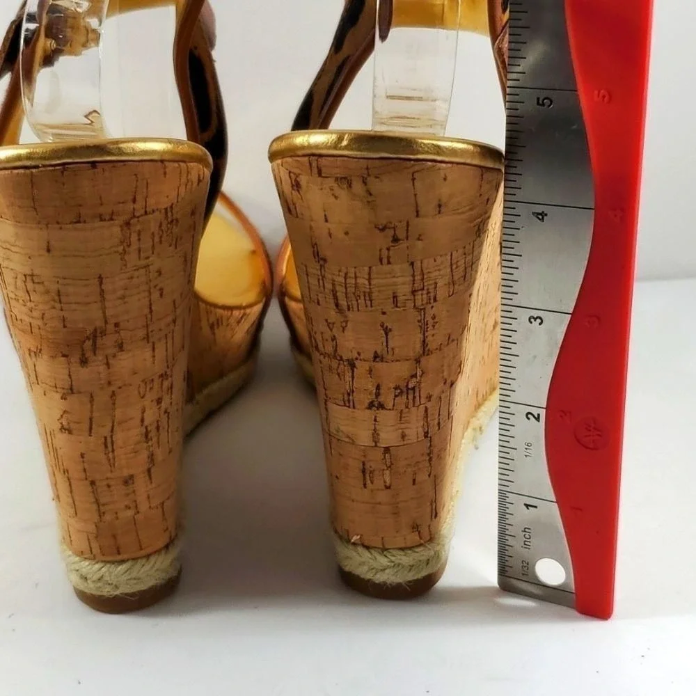 AQUA Women Leopard Print Calf Hair Cork Wedge‎ Sandals Gold Tan Brown Size 10M